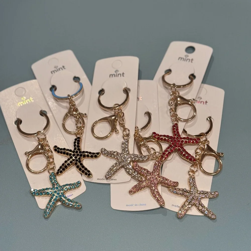 BAG CHARM Mint Starfish Keychain - Sparkly Crystal Sea Star Keyring Pink & Gold - Picture 6 of 6